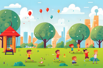 children are playing in the park illustration style