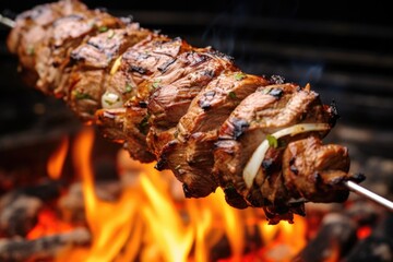 grilled shawarma meat rotating on a vertical spit - obrazy, fototapety, plakaty