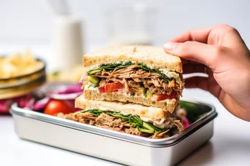  hand placing a shawarma sandwich into a lunchbox © Natalia