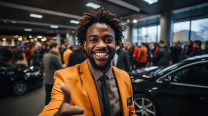 Smiling african american man with afro hairstyle in yellow jacket standing in auto show. - obrazy, fototapety, plakaty