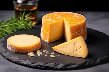 half-wheel smoked cheese on a granite background