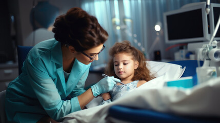 Doctor taking blood sample from little girl in hospital. - obrazy, fototapety, plakaty