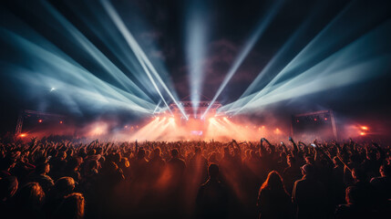 Concert crowd in front of bright stage lights at a music festival.