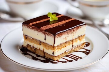 close-up of a layered tiramisu dessert on a white plate - Powered by Adobe