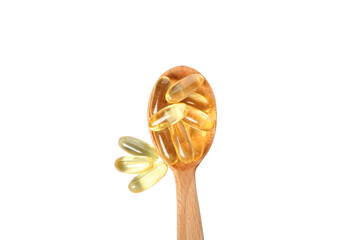 PNG,Wooden spoon with omega pills, isolated on white background