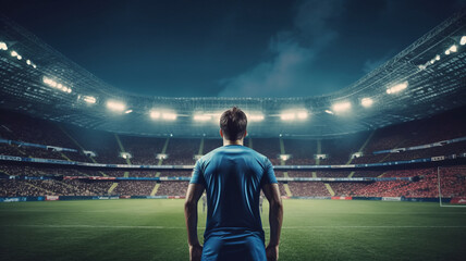 Football player inside soccer stadium rear view.generative ai