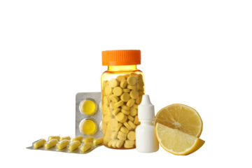 PNG,Bottles with medicines. Concept of winter medicines, isolated on white background
