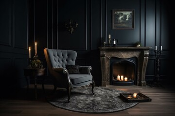 Elegant dark room featuring an armchair, fireplace, candle, lamp, carpet, and table. Generative AI