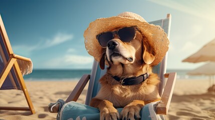 dog in sunglasses with a chair on the beach