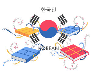 Korean language. Learning new language. Distance education, online learning courses concept. Reading books. Teaching foreign languages,  illustration