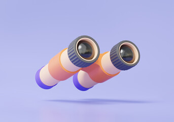 Cartoon minimal style binoculars icon symbol isolated on purple background. binocular scope looking surveillance navigation adventure tourism travel. 3d rendering illustration elements design