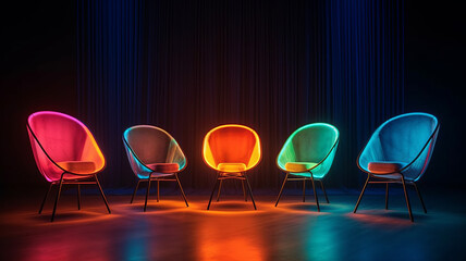 four different colored chairs and some lights, in the style of circular shapes.generative ai