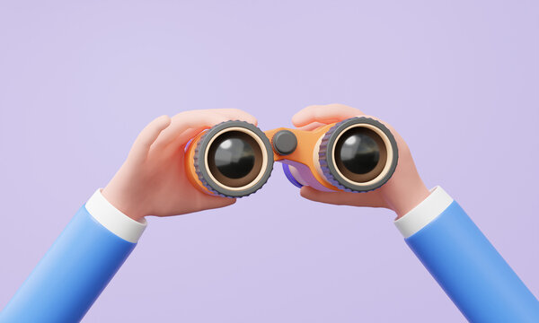 Businessman character hands holding binoculars target successful concept. planning searching strategy growth of vision business financial, minimal cartoon elements design. 3d render illustration
