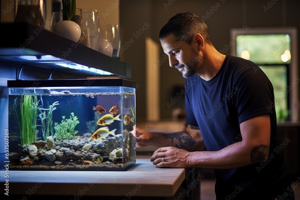 Wall mural man tending a home aquarium