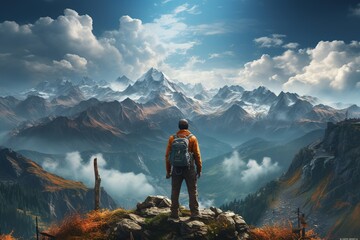 Adventurous Man Standing on top of Mountain Cliff. Extreme Adventure Composite. 3d Rendering Peak. Background Aerial Image from British Columbia