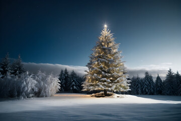 Fototapeta premium The contrast between the glistening white snow and the rich, dark blue sky creates a stunning winter wonderland around the christmas tree.