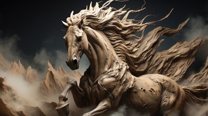 Mythical horse sculpture made from brown bronze clay depicting a legendary stallion that runs in a desert only when a huge sand storm appears. 