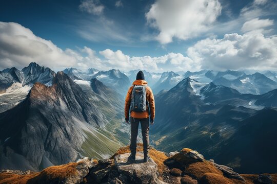 Adventurous Man Standing on top of Mountain Cliff. Extreme Adventure Composite. 3d Rendering Peak. Background Aerial Image from British Columbia
