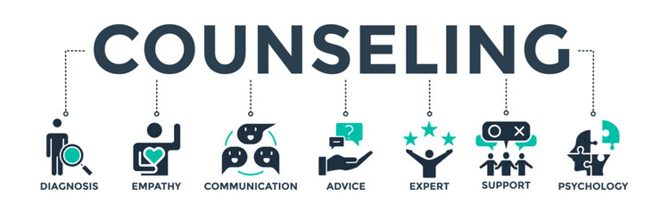 Counseling banner web icon vector illustration concept for counseling psychology and mental healthcare with an icon of diagnosis, empathy, communication, therapy, advice, expert, and support