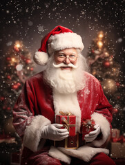 Portrait of happy Santa Clouse with gifts and christmas tree for Christmas design. New Year greeting. - 657507962