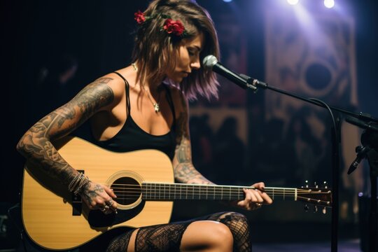 tattooed woman playing a guitar at a concert