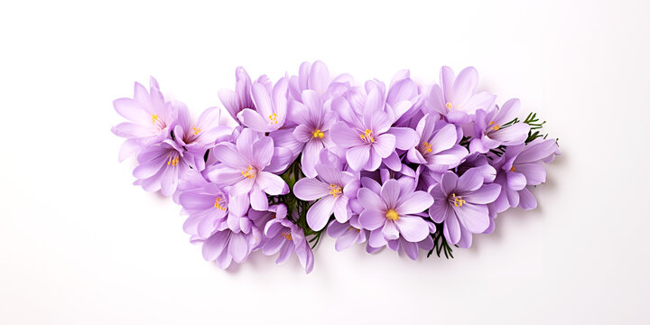 Colchicum flowers on a white background with copy space.