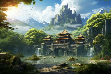 Scenic oriental temple amidst lush forest, backed by majestic mountains in an anime-inspired artwork. Generative AI