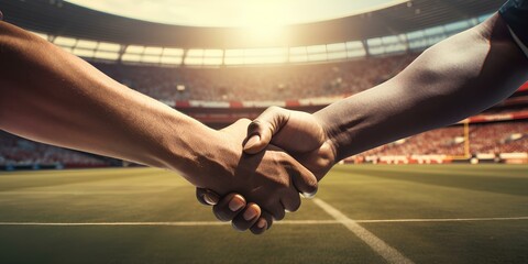 Handshake of athletes, football players on the football field, greeting teams. - obrazy, fototapety, plakaty