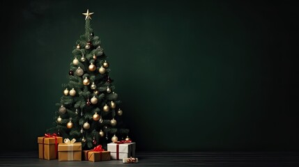 Christmas tree with Christmas gifts over dark green background with copy space. Generative AI