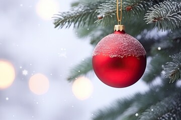 Fototapeta na wymiar Red Christmas ball hanging a natural branch of a tree. Generative AI