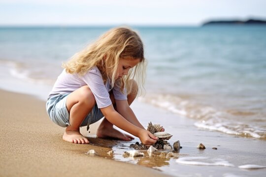 Child Collecting Seashells At The Seashore