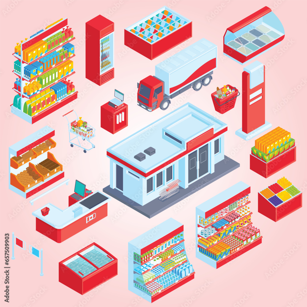 Wall mural isometric supermarket set with isolated display icons shelves with food products fridges shopping ca