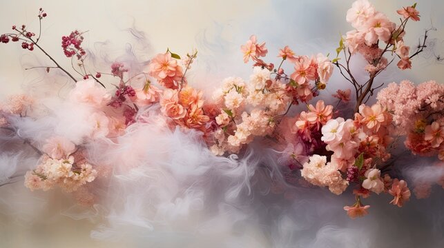 Beautiful floral background in the mist, flowers photography with delicate smoke creating a stark contrast. Mystery and dramatic nature vibe