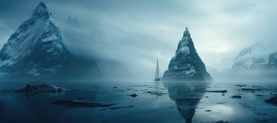A wide-format background image, in a fantasy setting, showcasing a ship sailing through icy waters surrounded by towering mountains, creating a breathtaking panoramic view. Photorealistic illustration - obrazy, fototapety, plakaty