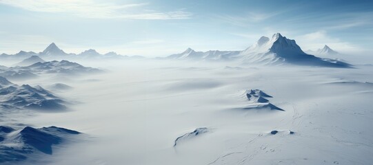 Fototapeta na wymiar In this wide-format background image, an aerial view capturing a vast expanse of snow-blanketed land and majestic mountains on a windy day under a clear sky. Photorealistic illustration