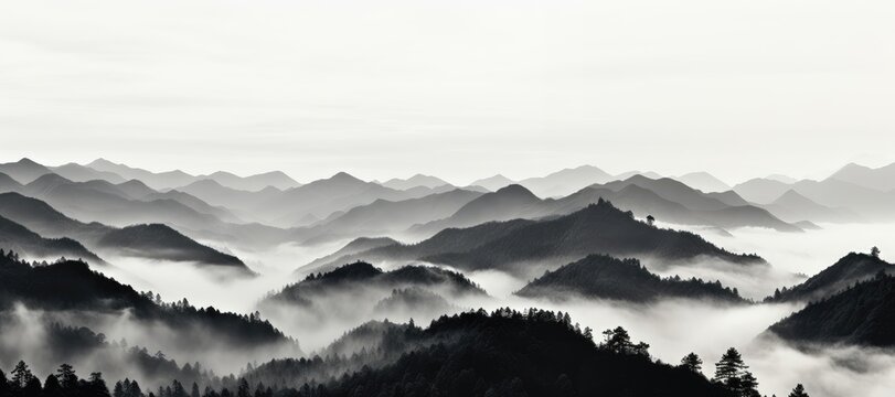 In this wide-format, black and white background image, an aerial view unveiling a landscape, featuring misty mountains, creating a contrast against a white background. Photorealistic illustration