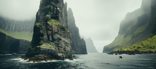 A narrow expanse of seawater meandering between rocky islands adorned with lush green vegetation, all under a cloudy sky with birds in flight. Photorealistic illustration - obrazy, fototapety, plakaty