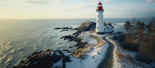 In this wide-format background image, an aerial view showcasing a lighthouse standing tall on a snow-covered coastline, with the horizon stretching out in the distance. Photorealistic illustration - obrazy, fototapety, plakaty