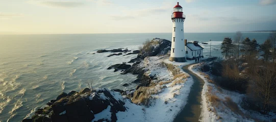 Fotobehang In this wide-format background image, an aerial view showcasing a lighthouse standing tall on a snow-covered coastline, with the horizon stretching out in the distance. Photorealistic illustration © DIMENSIONS