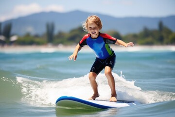 young boy learning to surf