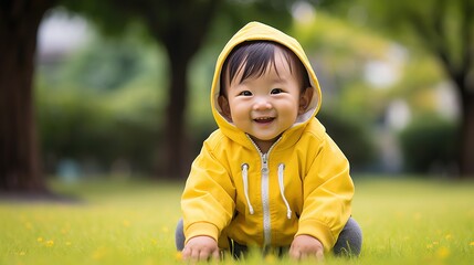 Photo of an asian baby, yellow clothes, smiling, sitting on grass - obrazy, fototapety, plakaty