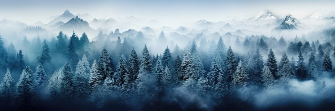 A wide-format background image for creative content, featuring a misty forest and majestic mountains in the background, offering a captivating panoramic view. Photorealistic illustration