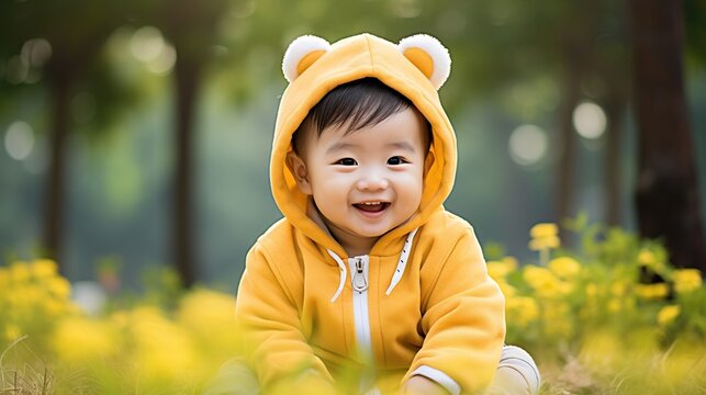 Photo of an asian baby, yellow clothes, smiling, sitting on grass