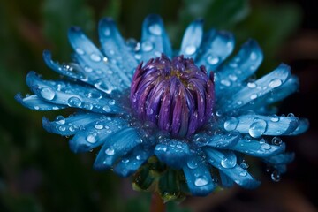 Close-up of a vibrant blue flower covered in dew. Generative AI