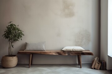 Aged wood bench with pillows near stucco wall in modern living room. Generative AI - obrazy, fototapety, plakaty