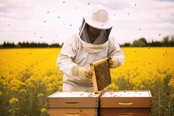 A man in a protective mask, a beekeeper, collects honey in a beautiful flowering meadow