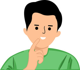 portrait of thoughtful pensive young man holding finger on lips looking upward against