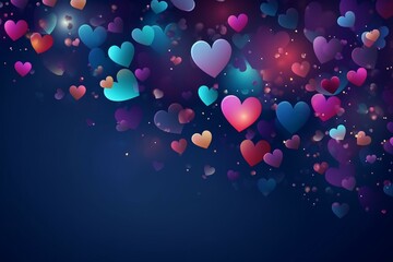 Colorful festive banner with hearts and sparkles on a dark blue background. Ideal for St. Valentine's Day projects. Generative AI - obrazy, fototapety, plakaty