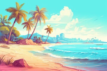 Fototapeta na wymiar Illustration of a vibrant summer beach with palm trees and a serene sea, showcasing a tropical island drawing. Generative AI