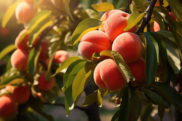 Peaches on peach tree branches